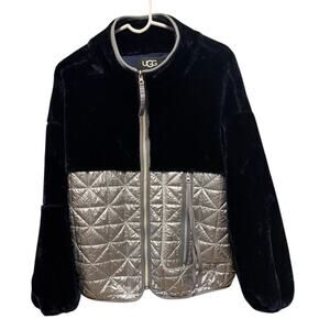 UGG Womens XL Faux Fur Quilted Jacket Metallic Silver Navy Full Zip Coat